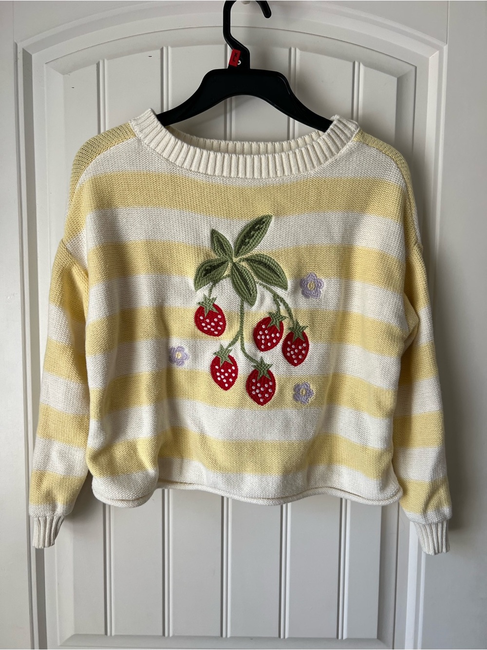 Striped Yellow and White Strawberry Appliqué Sweater